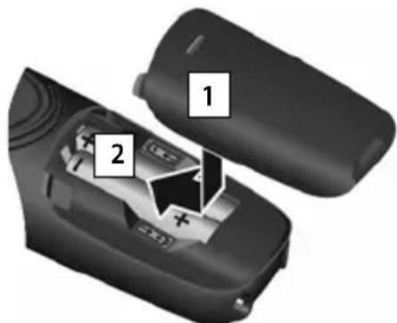 Diagram of a device interior showing labeled parts 1 and 2, with a battery symbol inside.