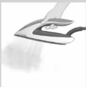 Hand ironing a steam iron with steam emission (no text or symbols visible)