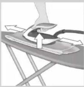 Illustration of a person using a power iron on an iron, showing mechanical components and motion arrows (no text or symbols)