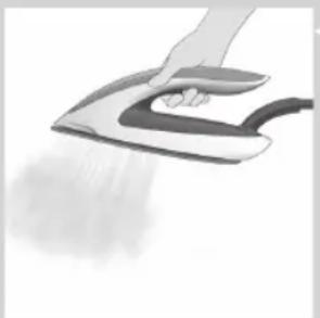 Hand ironing a white iron with steam emission (no text or symbols visible)