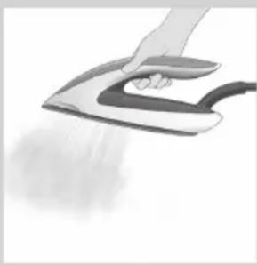Hand using a steam iron to clean or smoke (no text or symbols visible)