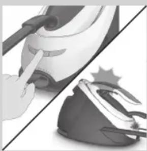 Illustration of a hand pressing down on a steam iron, with a star symbol overlay (no text or symbols present)