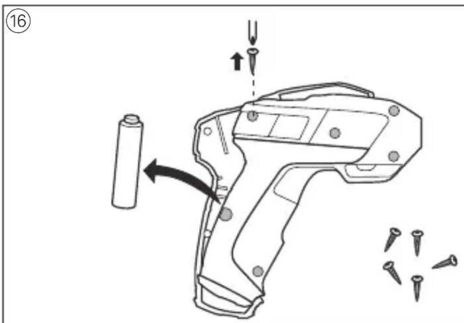 Diagram of a handheld device with labeled parts and directional arrows indicating assembly or operation