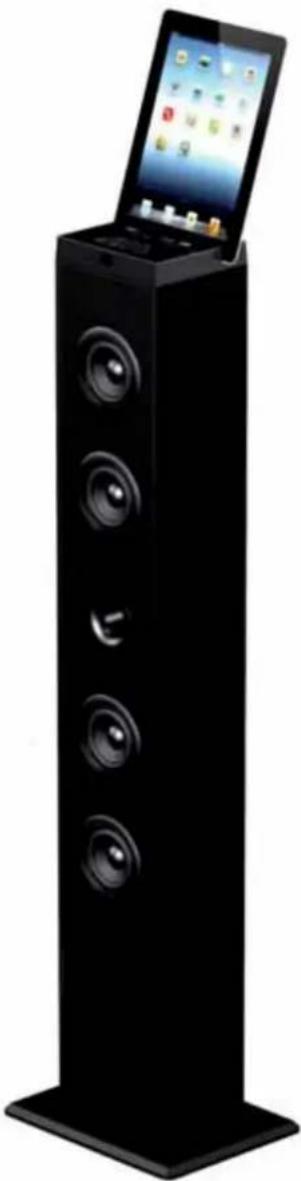Black vertical electronic device with five speakers, mounted on a stand (no visible text or symbols)