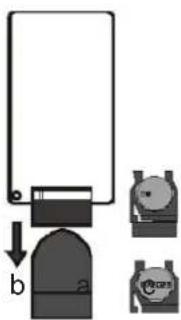 Diagram showing a mechanical device with labeled components and directional arrows, including parts labeled 'a' and 'b'.