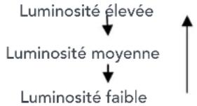 graph TD A["Luminosité élevée"] --> B["Luminosité moyenne"] B --> C["Luminosité faible"]