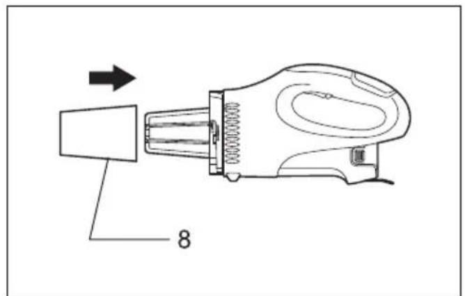 Technical diagram of a handheld device with labeled parts and directional arrow