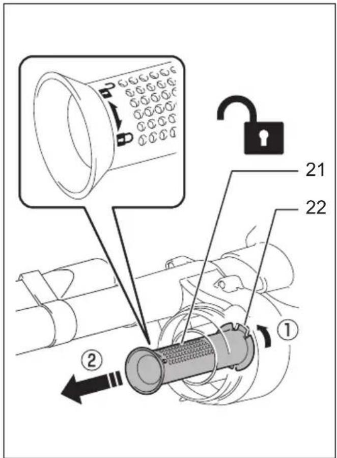 Diagram illustrating a lock mechanism with labeled parts and directional arrows, including a magnified view of the device.