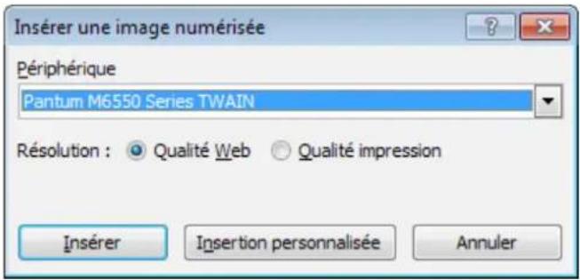 Insérer une image numérisée Périphérique Pantum M6550 Series TWAIN Résolution : Qualité Web Qualité impression Insérer Insertion personnalisée Annuler