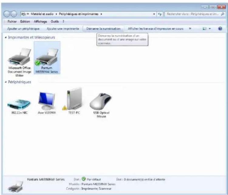 Matériel et audio > Péphériques et imprimantes Fichier Edition Affichage Outils ? Ajouter un périphérique Ajouter une imprimante Démarer la numérisation Afficher les banaux d'impression en cours Imprimantes et télécopieurs Microsoft Office Document Image Writer Pantum M6350NW Series Démarer la numérisation d'un document ou d'une image sur votre scrinne. Périphériques 802.11x NBC Acer V193WV TEST-PC USB Optical Mouse Pantum M6350NW Series Etats Par défaut ltes : 0 document(s) en file d'attente Modules : Pantum M6350NW Series Crénégie : Imprimante, Scanneur