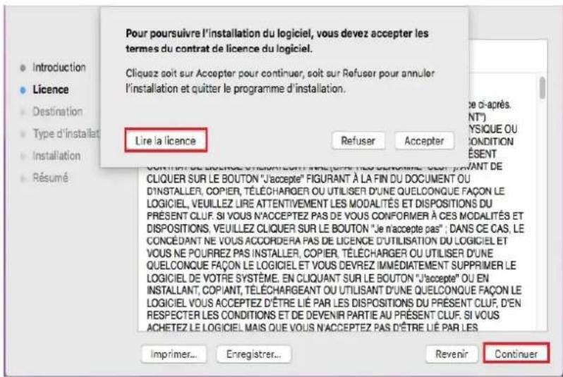 Pour poursuivre l'installation du logiciel, vous devez accepter les termes du contrat de licence du logiciel. Cliquez soit sur Accepter pour continuer, soit sur Refuser pour annuler l'installation et quitter le programme d'installation. Lire la licence Refuser Accepter e ci-après. NT") YSIQUE OU CONDITION ÉSENT ANT DE CLIQUER SUR LE BOUTON "J'accepte" FIGURANT À LA FIN DU DOCUMENT OU D'INSTALLER, COPIER, TÉLECHARGER OU UTILISER D'UNE QUELCONQUE FAÇON LE LOGICIEL, VEUILLEZ LIRE ATTENTIVEMENT LES MODALITÉS ET DISPOSITIONS DU PRÉSENT CLUF. SI VOUS N'ACCEPTÉZ PAS DE VOUS CONFORMER À CES MODALITÉS ET DISPOSITIONS, VEUILLEZ CLIQUER SUR LE BOUTON "Je n'accepte pas"; DANS CE CAS, LE CONCEDANT NE VOUS ACCORDERA PAS DE LICENCE D'UTILISATION DU LOGICIEL ET VOUS NE POURREZ PAS INSTALLER, COPIER, TÉLECHARGER OU UTILISER D'UNE QUELCONQUE FAÇON LE LOGICIEL ET VOUS DEVREZ IMMEDIATEMENT SUPPRIMER LE LOGICIEL DE VOTRE SYSTÈME. EN CLIQUANT SUR LE BOUTON "J'accepte" OU EN INSTALLART, COPIANT, TÉLECHARGEANT OU UTILISANT D'UNE QUELCONQUE FAÇON LE LOGICIEL VOUS ACCEPTÉZ D'ÊTRE LIÉ PAR LES DISPOSITIONS DU PRESENT CLUF, D'EN RESPECTER LES CONDITIONS ET DE DEVENIR PARTIE AU PRESENT CLUF. SI VOUS ACHETEZ LE LOGICIEL MAIS QUE VOUS N'ACCEPTÉZ PAS D'ÊTRE LIÉ PAR LES Imprimer... Enregistrer... Revenir Continuer