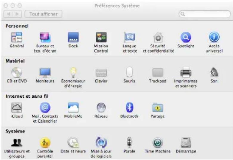 Préférences Système Tout afficher Personnel Général Bureau et éco. d'écran Dock Mission Control Langue et texte Sécurité et confidentialité Spotlight Accès universel Matériel CD et DVD Moniteurs Économiseur d'énergie Clavier Souris Trackpad Imprimantes et scanners Son Internet et sans fil iCloud Mail, Contacts et Calendrier MobileMe Réseau Bluetooth Partage Système Utilisateurs et groupes Contrôle parental Date et heure Mise à jour de logiciels Parole Time Machine Démarrage
