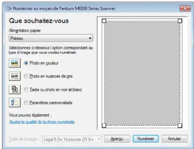 Numériser au moyen de Pantum M5550 Series Scanner Que souhaitez-vous Alimentation papier Plateau Sélectionnez ci-dessous l'option correspondant au type d'image que vous voulez numériser. Photo en couleur Photo en nuances de gris Texte ou photo en nor et blanc Paramètres personnalisés Vous pouvez également : Aiuster la qualité de la photo numérisée Taille de la page: Légal 8,5x 14 pouces (21,6x Aperçu Numériser Annuler