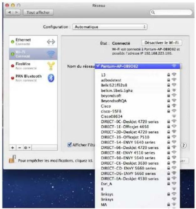 Réséau Tout afficher Configuration : Automatique : État : Connecté Désactiver le Wi-Fi Wi-Fi est connecté à Partum-AP-089D82 et possède l'adresse IP 192.168.223.100. Nom du réseau Partum-AP-089D82 13 adbodetest Belki521f92a8 belkin.5be5.5ghz beyondsoft BeyondsoftQA Cisco cisco-55F8 Cisco08634 DIRECT-0C-Deskjet 4720 series DIRECT-1E-Officejet 4650 DIRECT-2D-Deskjet 4720 series DIRECT-39-Officejet 7510 DIRECT-54-ENVY 5640 series DIRECT-66-Deskjet 4720 series DIRECT-8E-ENVY 4510 series DIRECT-98-ENVY 5640 series DIRECT-C6-Deskjet 3630 series DIRECT-CD-ENVY 5660 series DIRECT-D6-ENVY 5660 series DIRECT-EA-Deskjet 4530 series Esri_A II linksys linksys MA