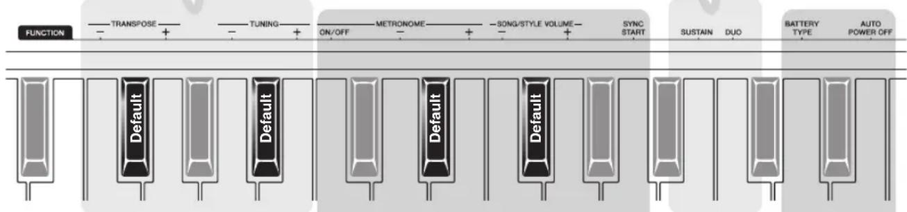 FUNCTION TRANSPOSE TUNING ON/OFF METRONOME SONG/STYLE VOLUME SYNC START SUSTAIN DUO BATTERY TYPE AUTO POWER OFF Default Default Default Default +
