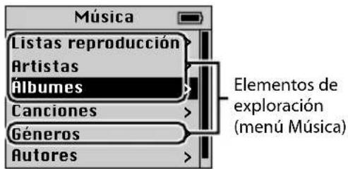 Música Listas reproducción > Artistas Álbumes Canciones Géneros Autores Elementos de exploración (menú Música)