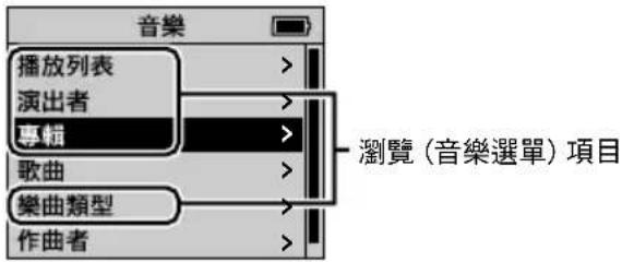 音樂 播放列表 演出者 專輯 歌曲 樂曲類型 作曲者 瀏覽(音樂選單)項目
