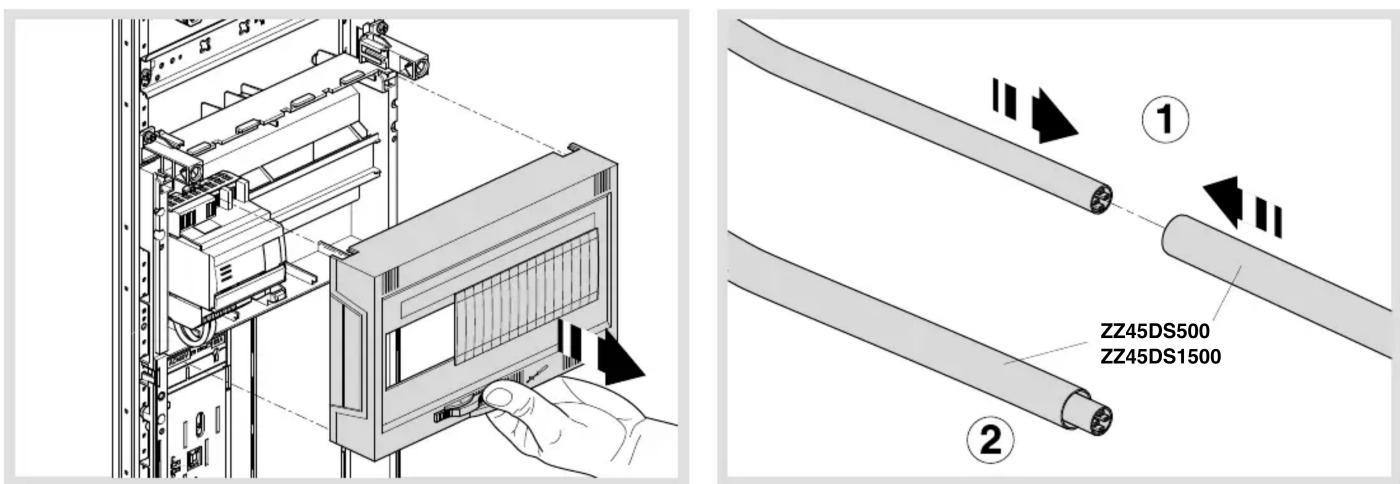 Technical diagram showing installation of a server rack with labeled components including ZZ45DS500 and ZZ45DS1500, alongside a close-up view of the rack.