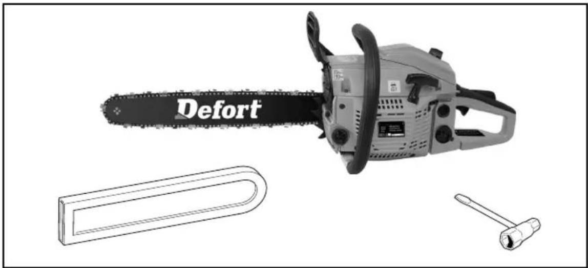 Product image of a Defort chain saw with a tool and plastic components (no text or symbols on the main image)