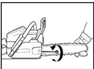 Diagram of a hand using a chainsaw to cut a saw with a circular motion arrow (no text or symbols)