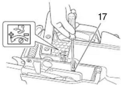 Technical diagram showing a hand using a tool to adjust or install a component, with an inset image labeled '17' and a cross symbol.