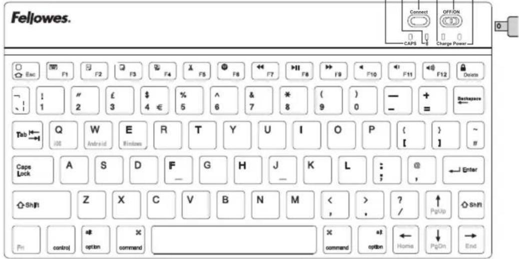 Fellowes. Connect OFF/ON CAPS Charge Power Esc F1 F2 F3 F4 F5 F6 F7 F8 F9 F10 F11 F12 Delete ! 1 " 2 £ 3 $ 4 € % 5 ^ 6 & 7 * 8 ( ) 9 0 — + = Backupware Tab Q W E R T Y U I O P { } ~ [ ] JOS Android Windows A S D F G H J K L : @ , ←J Enter Cape Lock A S D F G H J K L : @ , ←J Enter Z X C V B N M < > ? ↑ PgUp Shift Shi Z X C V B N M < , > control option command command option Home PgOn End