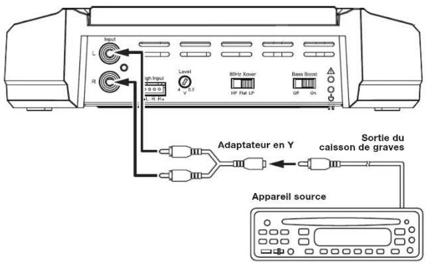 Input L R igh Input Level 80Hz Xover HP Flat LP Bass Boost Off Os Adaptateur en Y Sortie du caisson de graves Appareil source
