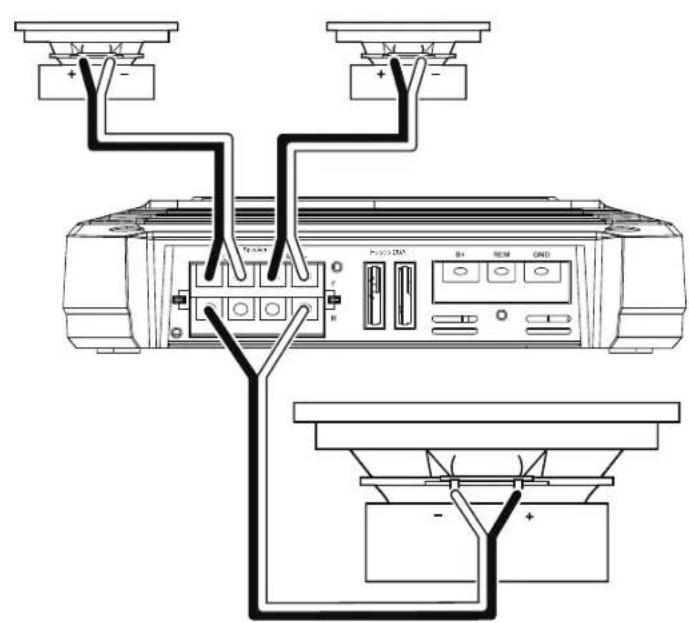 Diagram of a printer internal structure with labeled ports and connections, showing power, ground, and speaker connections.