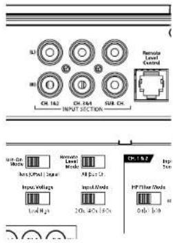 RL CH: 162 Ch: 447 Sub: Ch: INPUT SECTION Remote Level Control Input Voltage Load High Output Voltage 20Ω 40Ω 150Ω HP Filter Control 0.0x 1.0x UP-1.0.2 Input Max