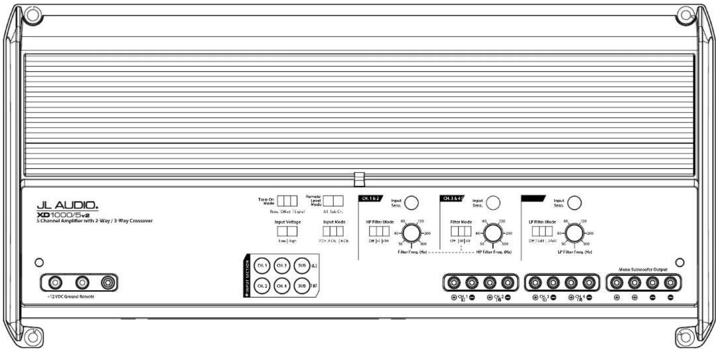 JL AUDIO. XD1000/5v2 5 Channel Amplifier with 2-Way / 3-Way Crossover Turn-On Mode Ran. Offset Signal Input Voltage Low | High Remote Level Mode A1 Sub Co. Input Mode 22h-4 Ch. | ACh CH.1 18-2 Input Sens. HP Filter/Mode 80 130 60 200 50 500 Filter Freq. (Hz) CH.1 & 47 Input Sens. Filter Mode 80 130 60 200 50 500 HP Filter Freq. (Hz) Input Sens. LP Filter Mode 80 130 60 200 50 500 LP Filter Freq. (Hz) Mono Subwoofer Output +12 VDC Ground Remote CH.1 CH.3 SUB RL CH.2 CH.4 SUB RL CH.1 18-2 Ch.2 18-2 Ch.3 18-2 Ch.4 18-2