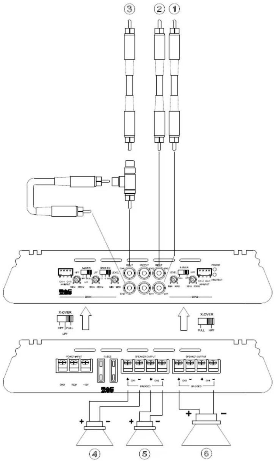 Technical diagram of a device rear panel with labeled components and wiring connections, including power, speaker, and indicator lights.