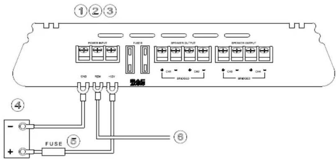 ①②③ POWER INPUT FUSE SPEAKER OUTPUT SPEAKER OUTPUT GND REM +12V 2405 CHI BRIDGED CHD CHD BRIDGED ④ FUSE ⑤ ⑥