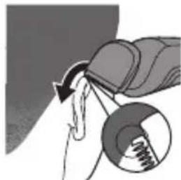 Illustration of a hand holding a curved object with an arrow indicating rotation, and a magnified inset showing a spiral (no text or symbols)