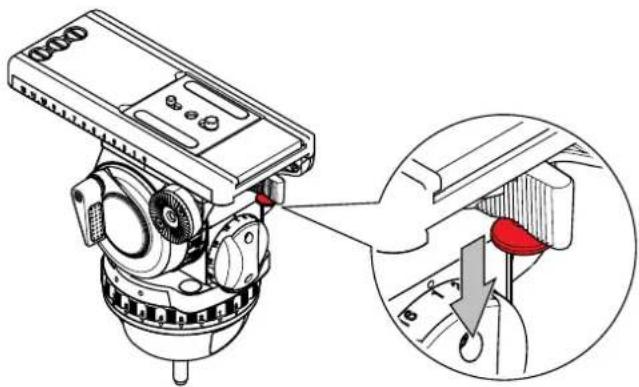 Technical illustration of a mechanical device with a magnified inset showing a red component being inserted (no text or symbols present)