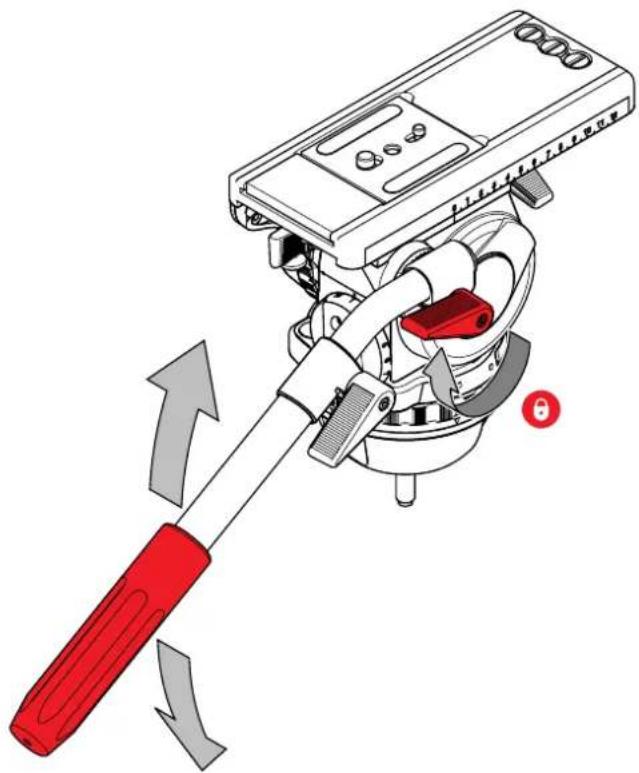 Diagram of a robotic arm with red-handled tool and directional arrows indicating movement (no text or symbols)