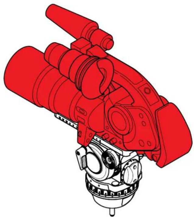 Technical illustration of a red mechanical device with multiple ports and components (no text or symbols)