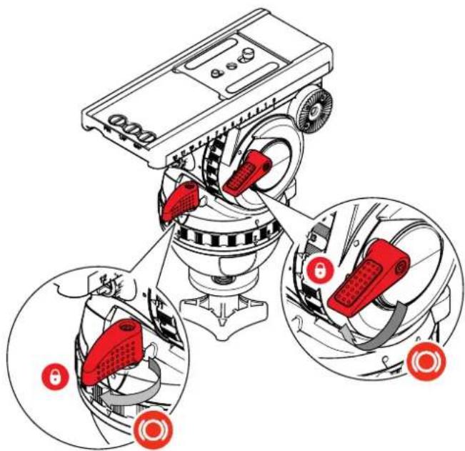 Diagram illustrating the installation of a portable device with red buttons and labeled parts, showing mechanical components and safety instructions.