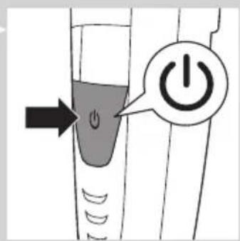 Diagram showing a power switch with an arrow pointing to the left side of a device, labeled with a power button icon.