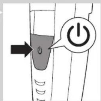 Diagram showing a power switch with an arrow pointing to the left side of a device, labeled with a 'Power' icon.
