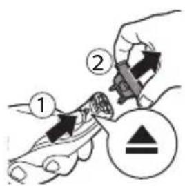 Diagram showing a hand holding a tool with labeled parts, including numbered callouts and a warning symbol.