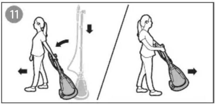 Illustration of a person performing a stretching exercise with a string and bag, showing motion directions (no text or symbols)