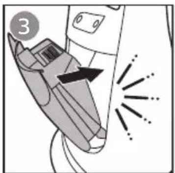 Illustration of a device with a pen inserted, showing light rays and a numbered label (3), no readable text or symbols present.