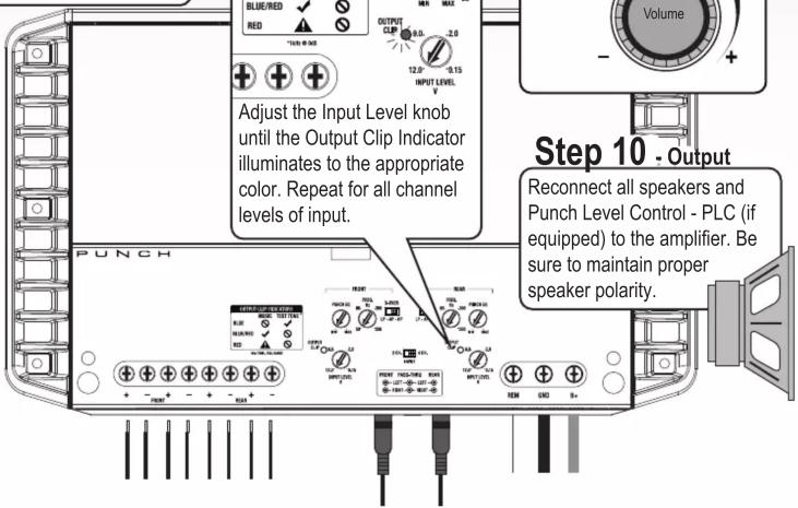 Adjust the Input Level knob until the Output Clip Indicator illuminates to the appropriate color. Repeat for all channel levels of input. Step 10 - Output Reconnect all speakers and Punch Level Control - PLC (if equipped) to the amplifier. Be sure to maintain proper speaker polarity.