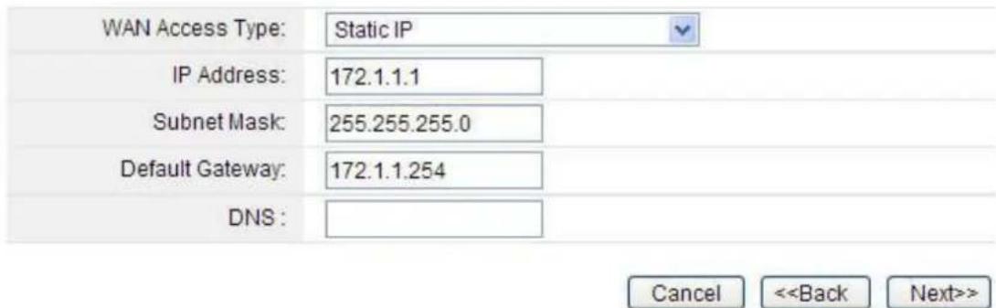 WAN Access Type: Static IP IP Address: 172.1.1.1 Subnet Mask: 255.255.255.0 Default Gateway: 172.1.1.254 DNS : Cancel <>