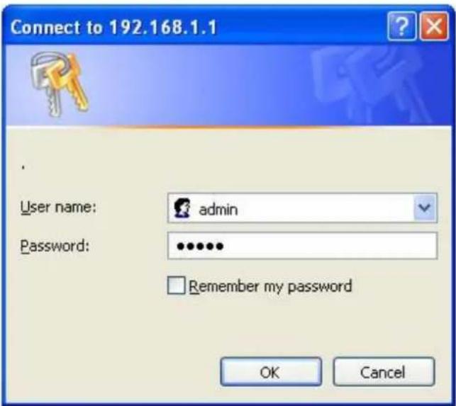 Connect to 192.168.1.1 User name: admin Password: ••••••• Remember my password OK Cancel