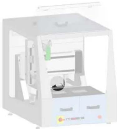 3D rendering of a laboratory apparatus with transparent housing and internal components (no visible text or symbols)