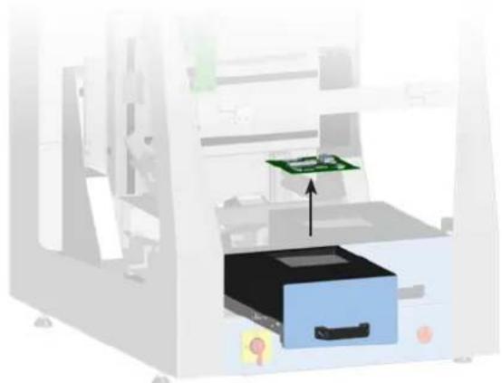 3D diagram of a printer's internal structure showing a green plastic component and a blue filing box (no text or symbols)