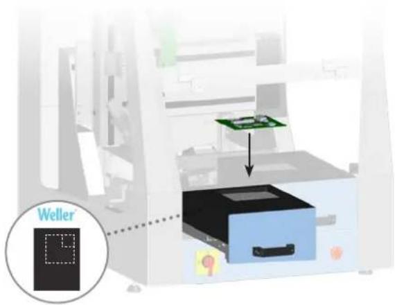 Diagram of a printer's internal structure with a green circuit board and a magnified inset showing a Weller (no text or symbols on the diagram itself)