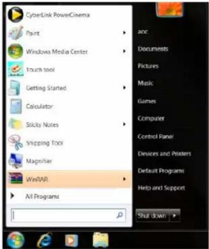 CyberLink PowerCinema Paint Windows Media Center Touch tool Getting Started Calculator Sticky Notes Snipping Tool Magnifier WinRAR All Programs aoc Documents Pictures Music Games Computer Control Panel Devices and Printers Default Programs Help and Support Shat down