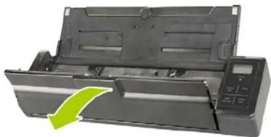 Exterior view of a printer with a green arrow indicating a motion or change (no text or symbols visible)